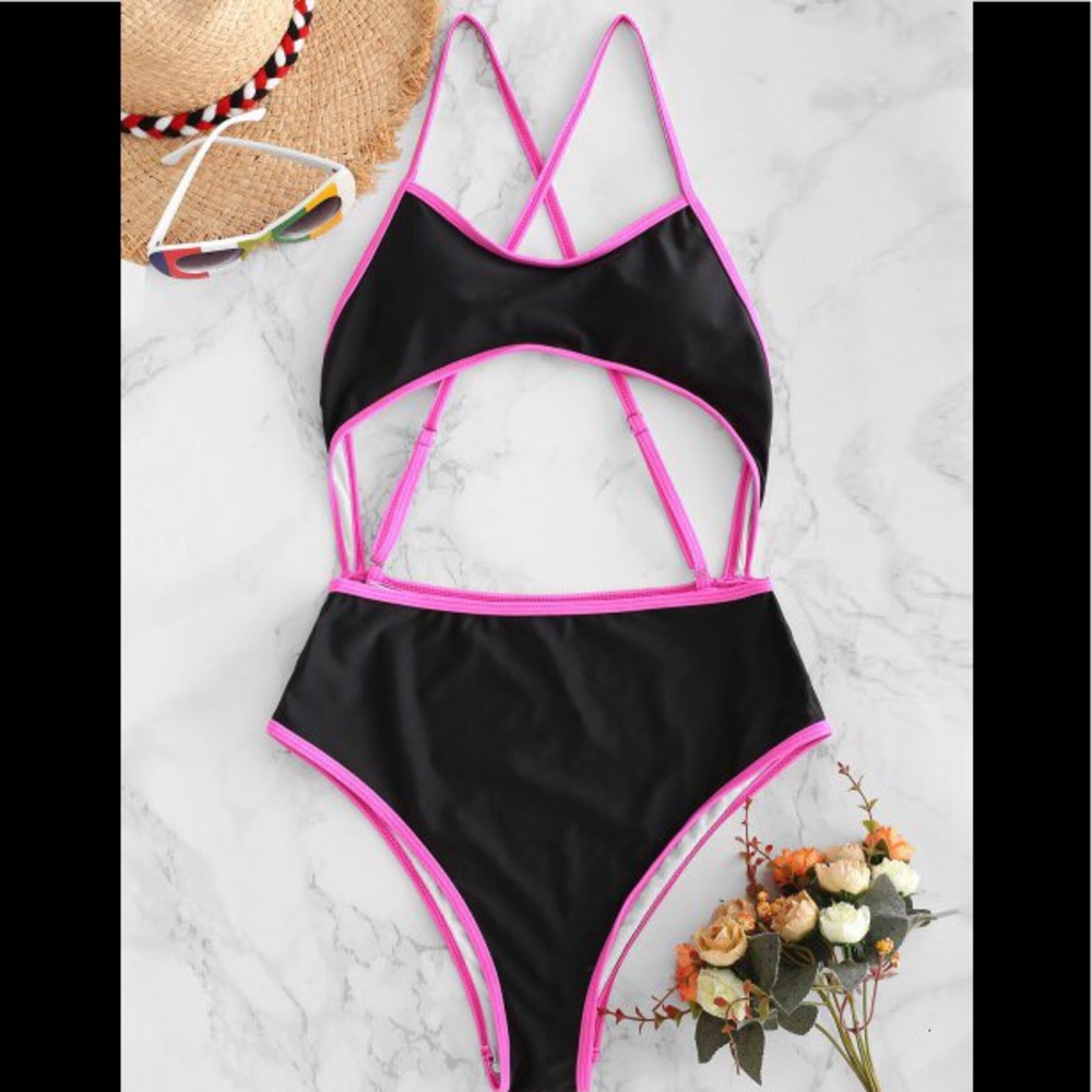 NEW! Zaful Neon Piping Crisscross Cutout One-piece